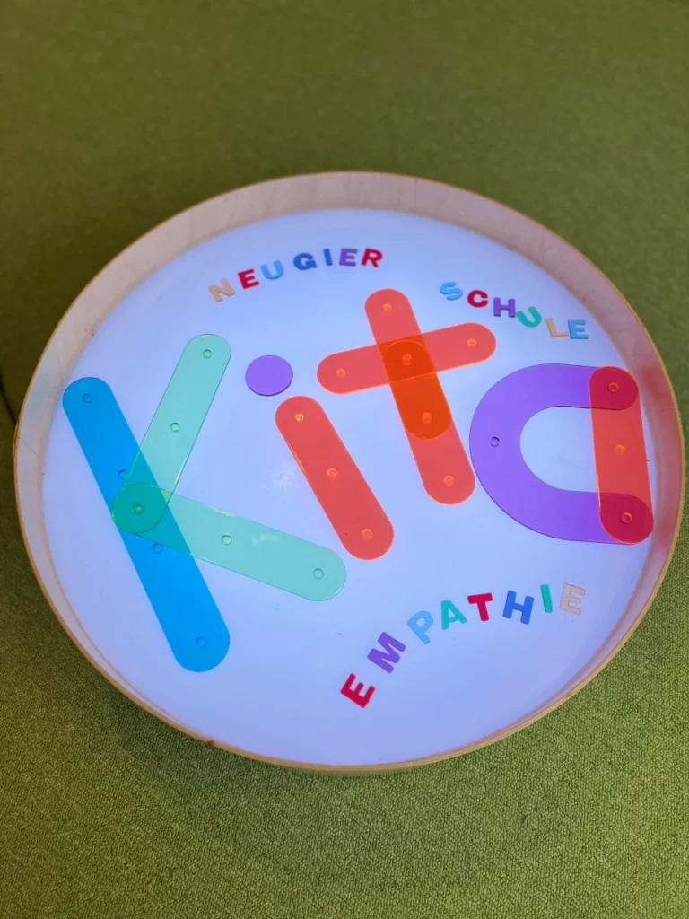 Rundtablett mit transparenten Buchstaben Kita und kleinerem Text: Neugier, Schule, Empathie, auf grünem Hintergrund.
